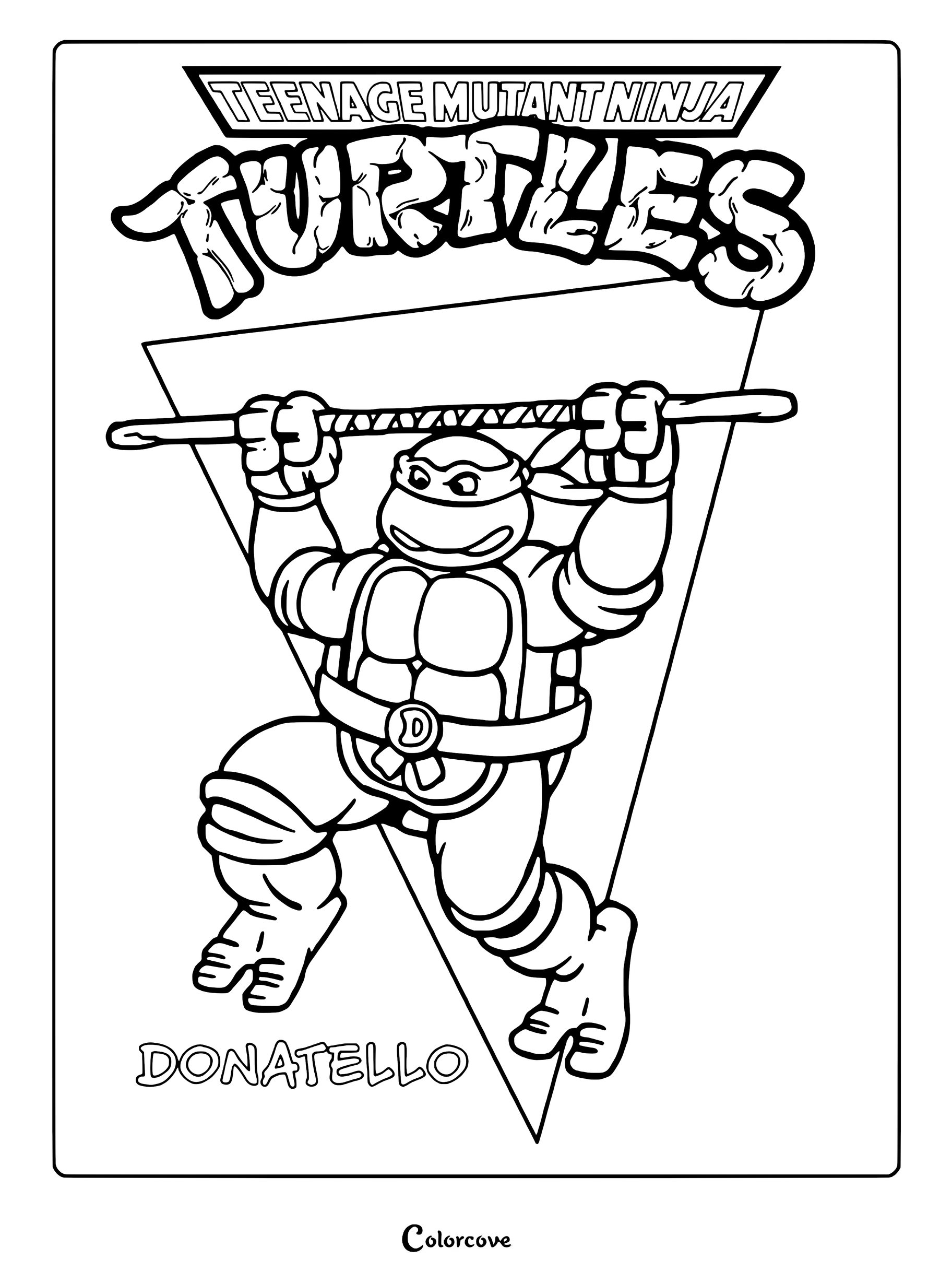 Página para colorear de Donatello sosteniendo su bastón bo en una imagen de Las Tortugas Ninja.