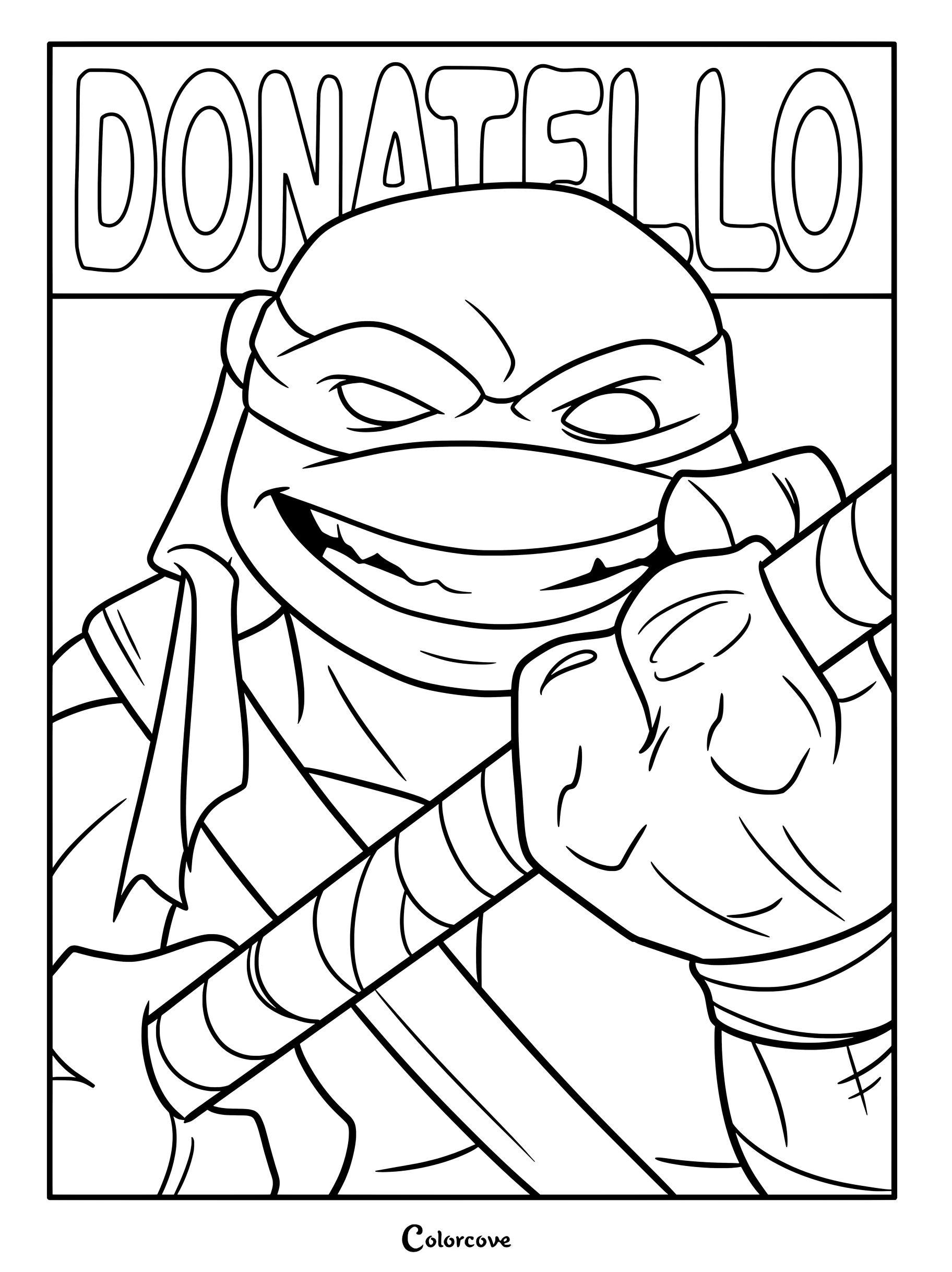 Página para colorear de Donatello sosteniendo su bastón bo con su nombre arriba.