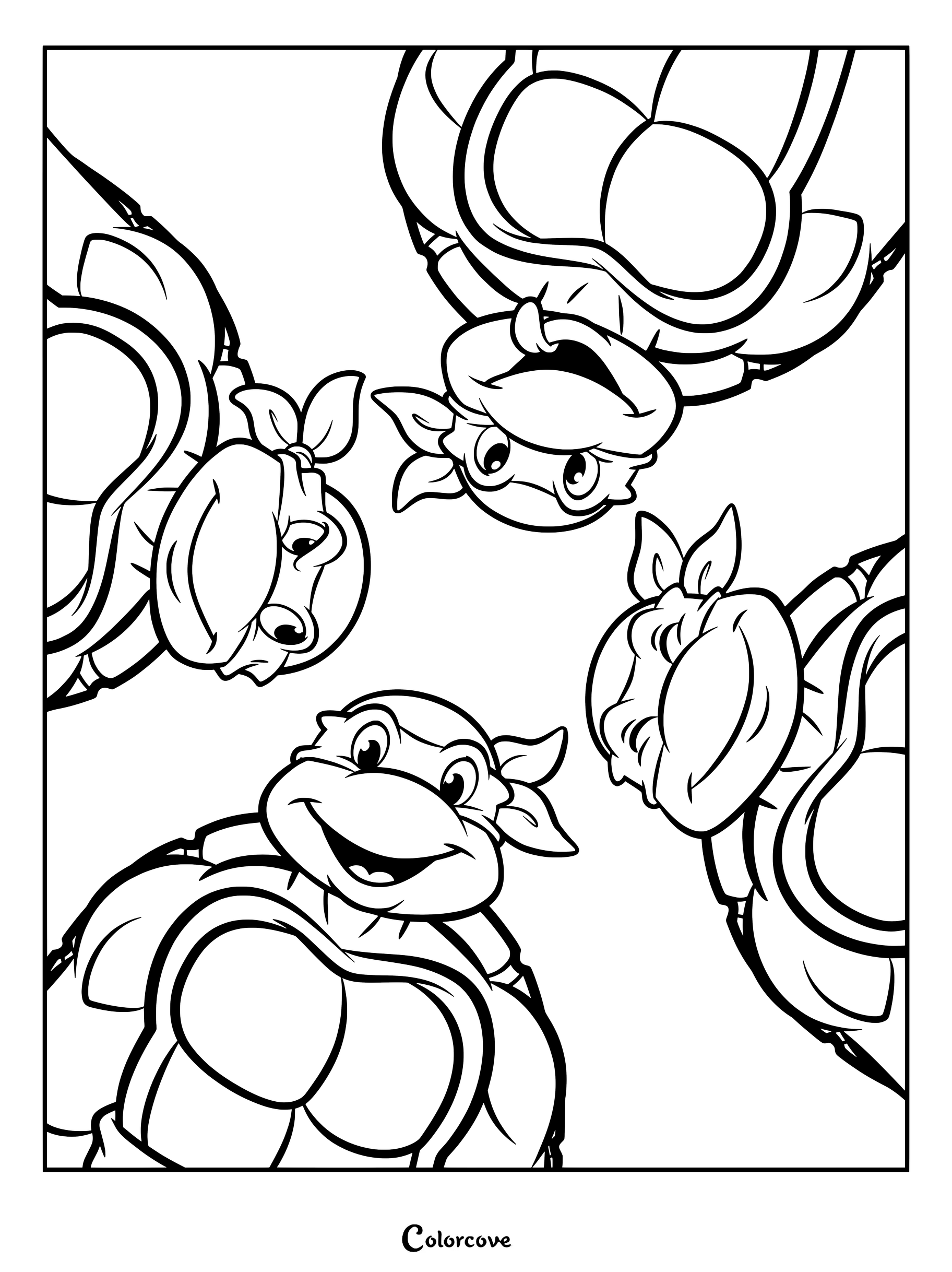 Página para colorear imprimible de Leonardo, Rafael, Donatello y Michelangelo inclinándose para mirar hacia abajo.