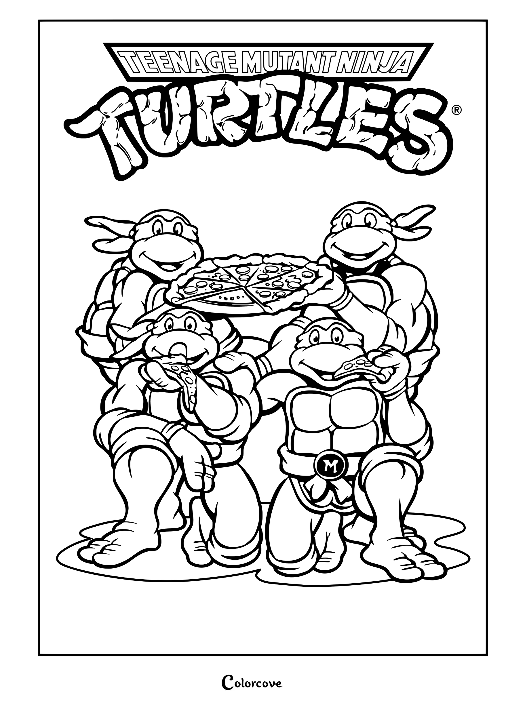 Dibujo para colorear de Las Tortugas Ninja compartiendo una gran pizza de pepperoni.