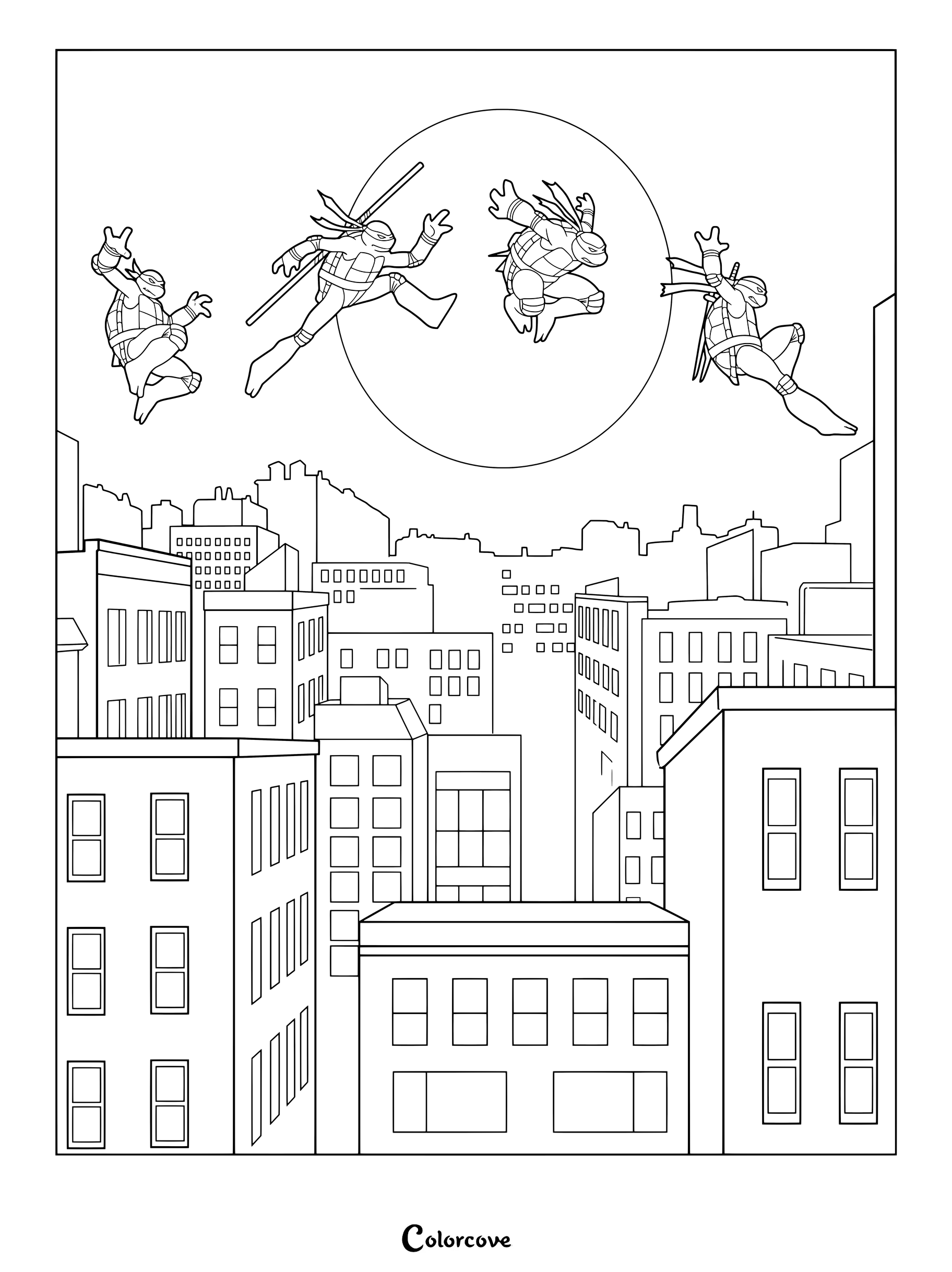 Página para colorear de Leonardo, Donatello, Rafael y Michelangelo saltando por los tejados de Nueva York bajo la luna llena.
