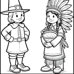 Pilgrim and Native American child sharing Thanksgiving harvest in traditional attire coloring page.