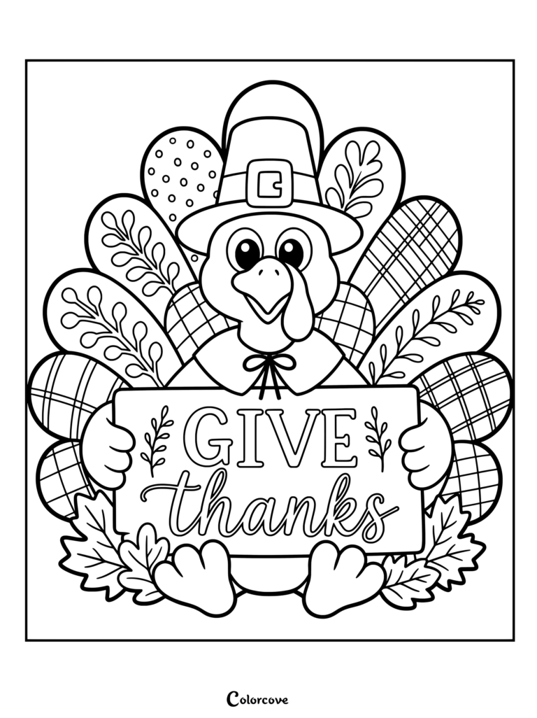 Turkey wearing a pilgrim hat holding a Give Thanks sign for a Thanksgiving coloring page
