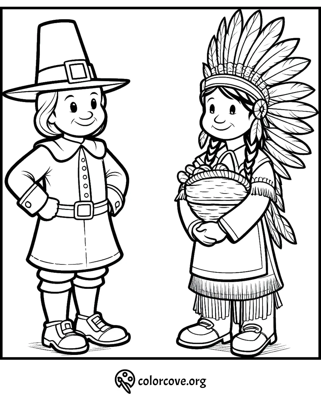 Pilgrim and Native American child sharing Thanksgiving harvest in traditional attire coloring page.