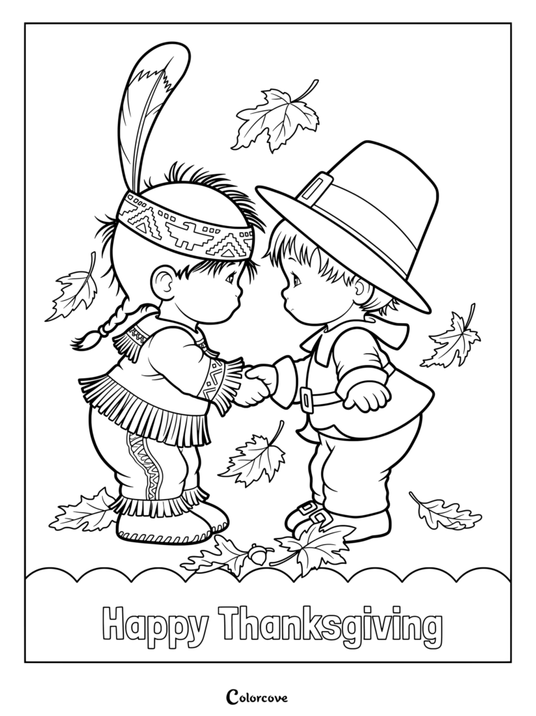 A Native American child in traditional attire and a Pilgrim child in a buckled hat shaking hands surrounded by autumn leaves for a Thanksgiving coloring page