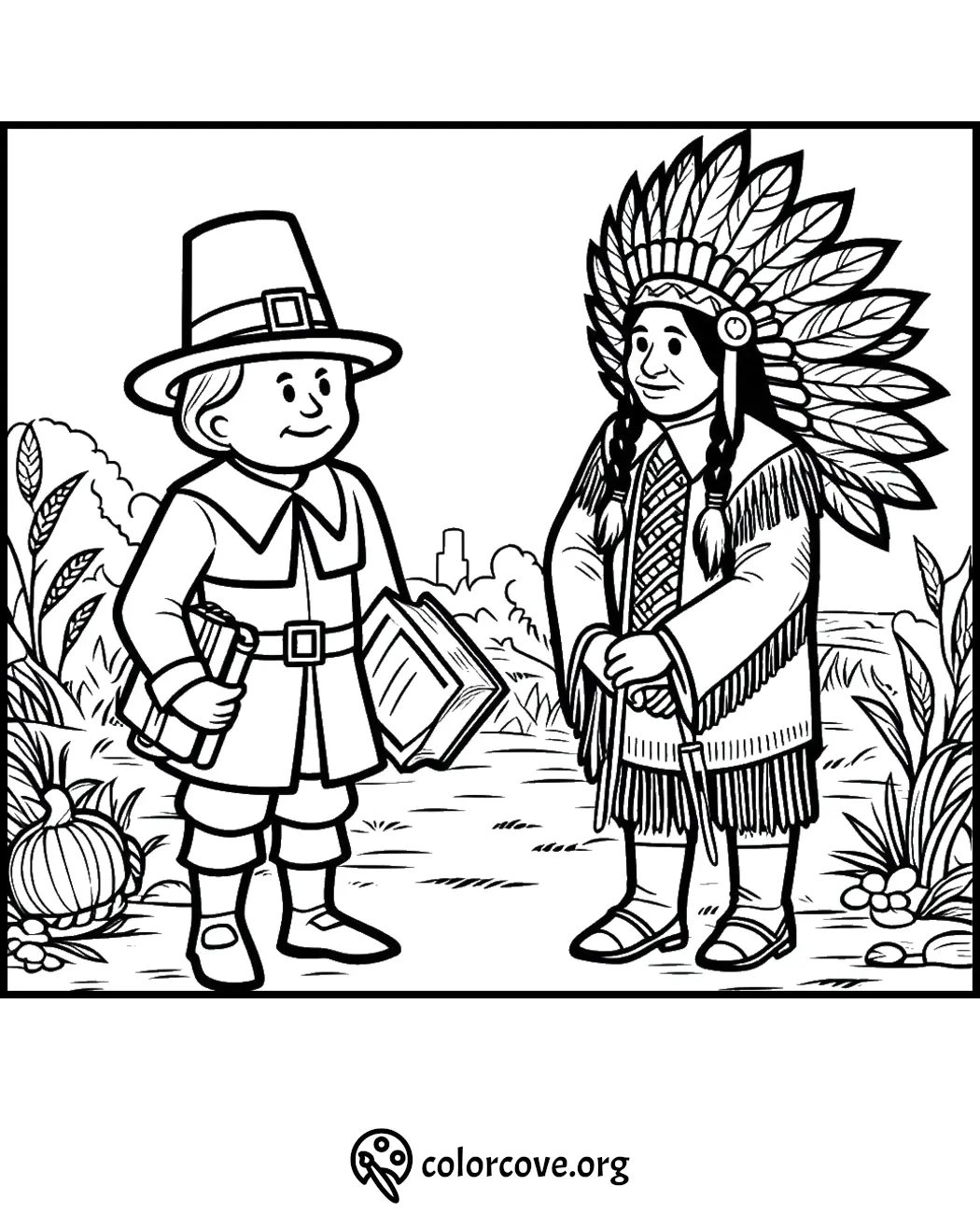 Thanksgiving coloring page featuring a Pilgrim and a Native American in traditional attire, standing outdoors.