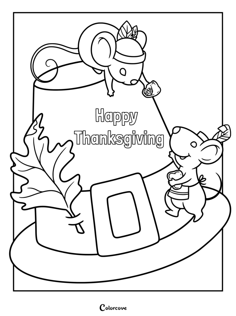 Two cute mice decorating a large pilgrim hat with an autumn leaf for Thanksgiving coloring page.