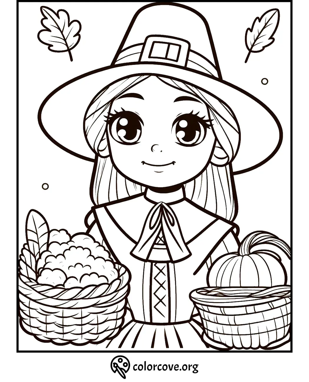 Cute coloring page of a girl in a Pilgrim outfit holding harvest baskets with a pumpkin and vegetables for Thanksgiving.