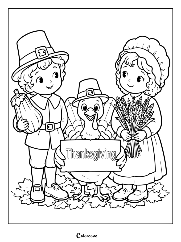 Pilgrim boy holding a gourd, a girl holding wheat, and a turkey holding a sign in this Thanksgiving coloring page.