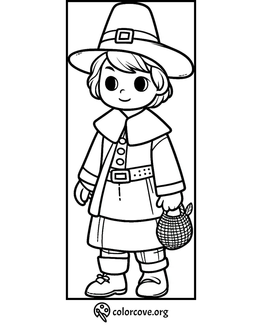 Young Pilgrim coloring page for kids, featuring a traditional outfit with a hat and basket. Fun Thanksgiving activity!