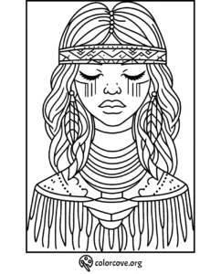 Detailed coloring page of a serene woman with a headband, tribal patterns, and long hair. Perfect for mindfulness and art therapy.
