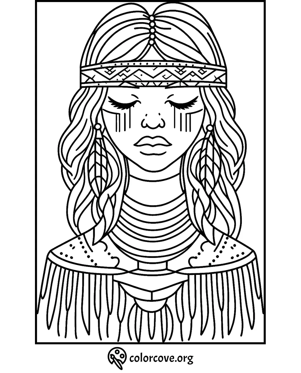 Detailed coloring page of a serene woman with a headband, tribal patterns, and long hair. Perfect for mindfulness and art therapy.