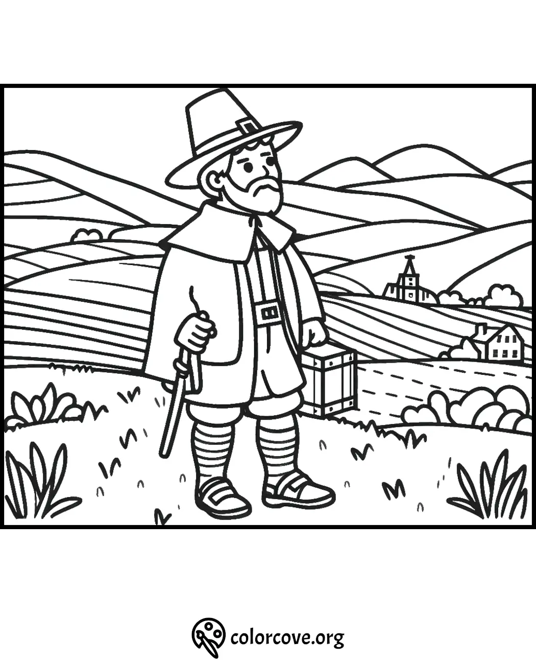 Pilgrim coloring page featuring a pilgrim holding a staff, standing in a field with hills and houses in the background.