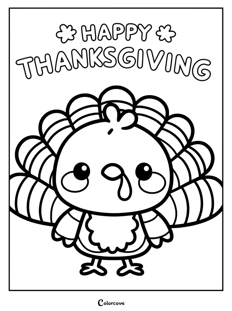 A cute kawaii turkey coloring page featuring Happy Thanksgiving text.