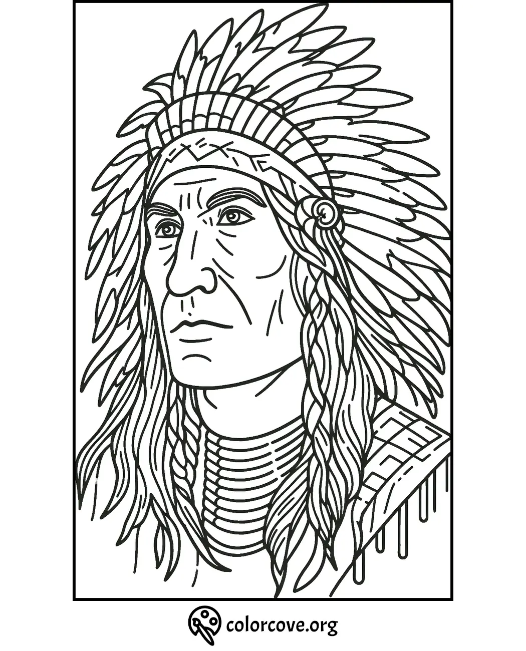 Coloring page of a Native American chief wearing a feathered headdress. Free printable from colorcove.org.