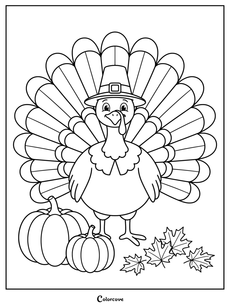 A smiling turkey wearing a pilgrim hat standing next to pumpkins for a Thanksgiving coloring page.