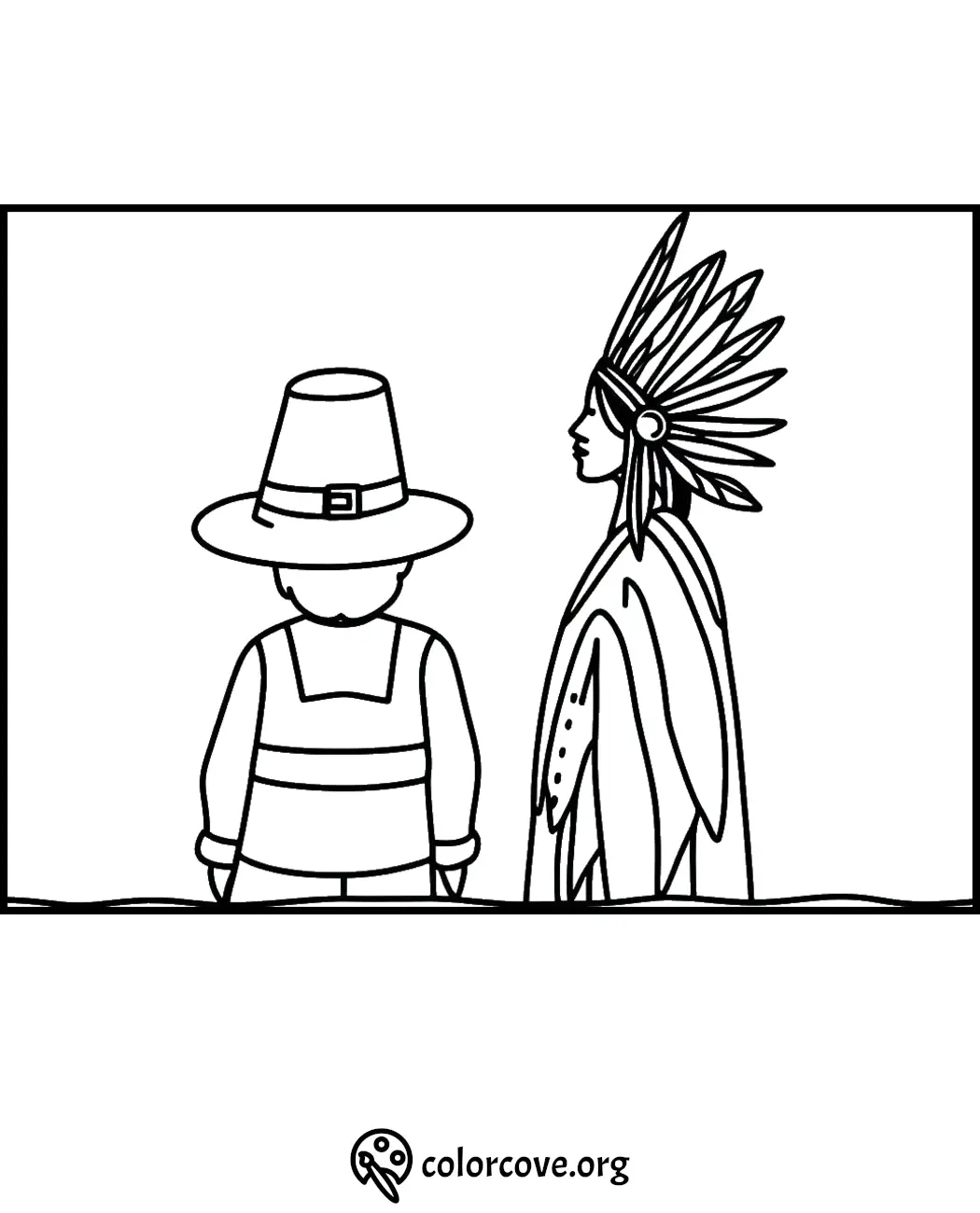 Pilgrim and Native American Coloring Page - Historical Thanksgiving Scene for Kids to Color and Learn - ColorCove.org