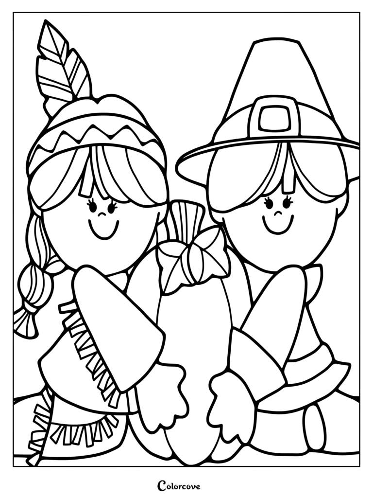 A friendly Pilgrim and Native American child holding a gourd together in this Thanksgiving coloring page.