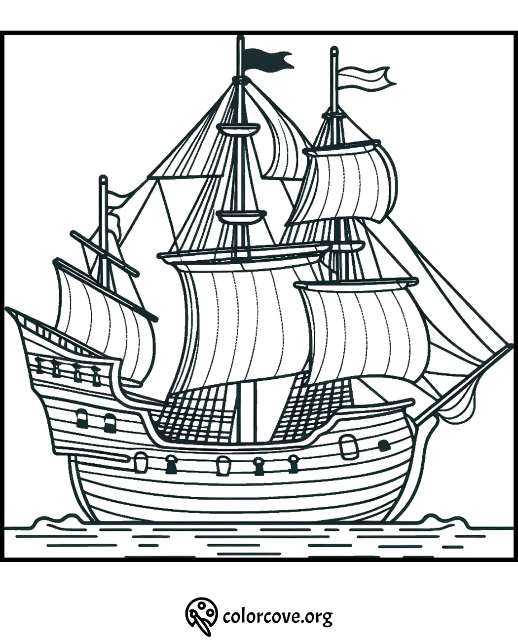 Coloring page featuring a detailed sailing ship with multiple masts and sails on the ocean, ideal for kids' activities.