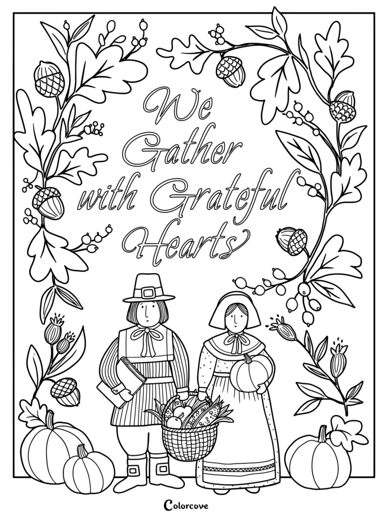 Pilgrim couple holding a harvest basket surrounded by autumn leaves and acorns in a Thanksgiving coloring page.
