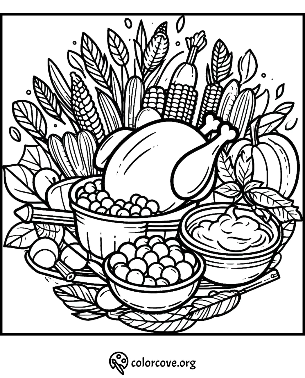 Thanksgiving coloring page featuring a turkey, corn, cranberries, pumpkins, and other harvest foods.