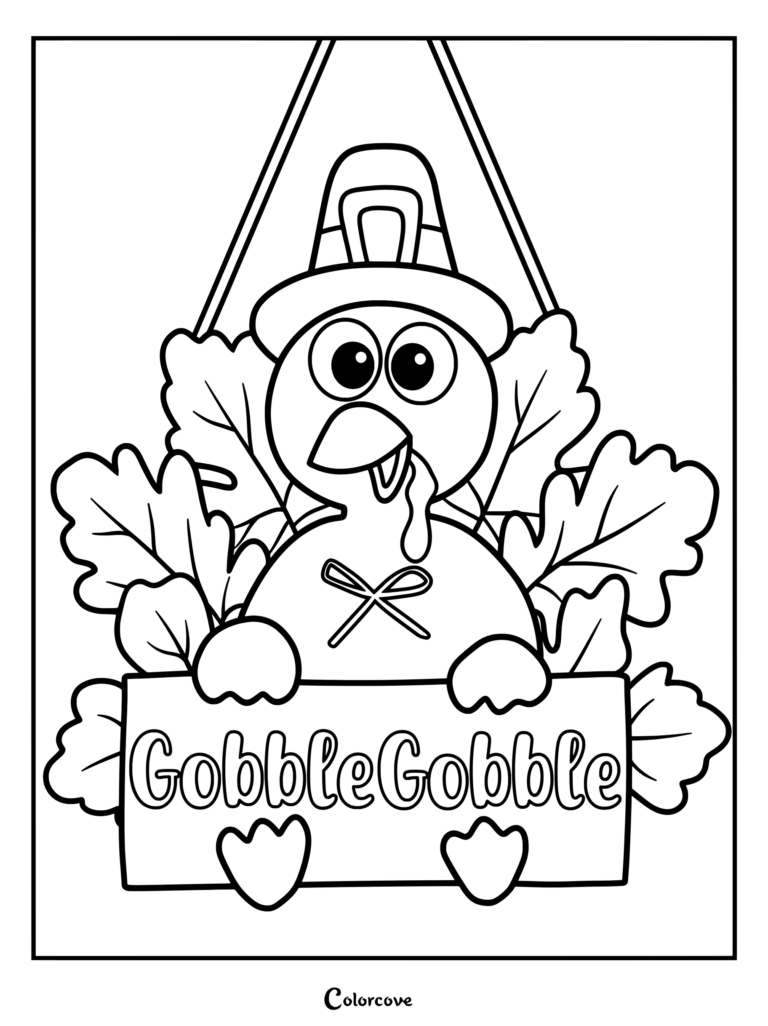Turkey wearing a pilgrim hat holding a Gobble Gobble sign surrounded by autumn leaves for Thanksgiving coloring page