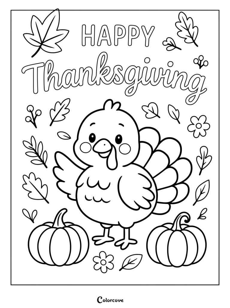 A friendly cartoon turkey surrounded by autumn leaves and pumpkins for a Thanksgiving coloring page.