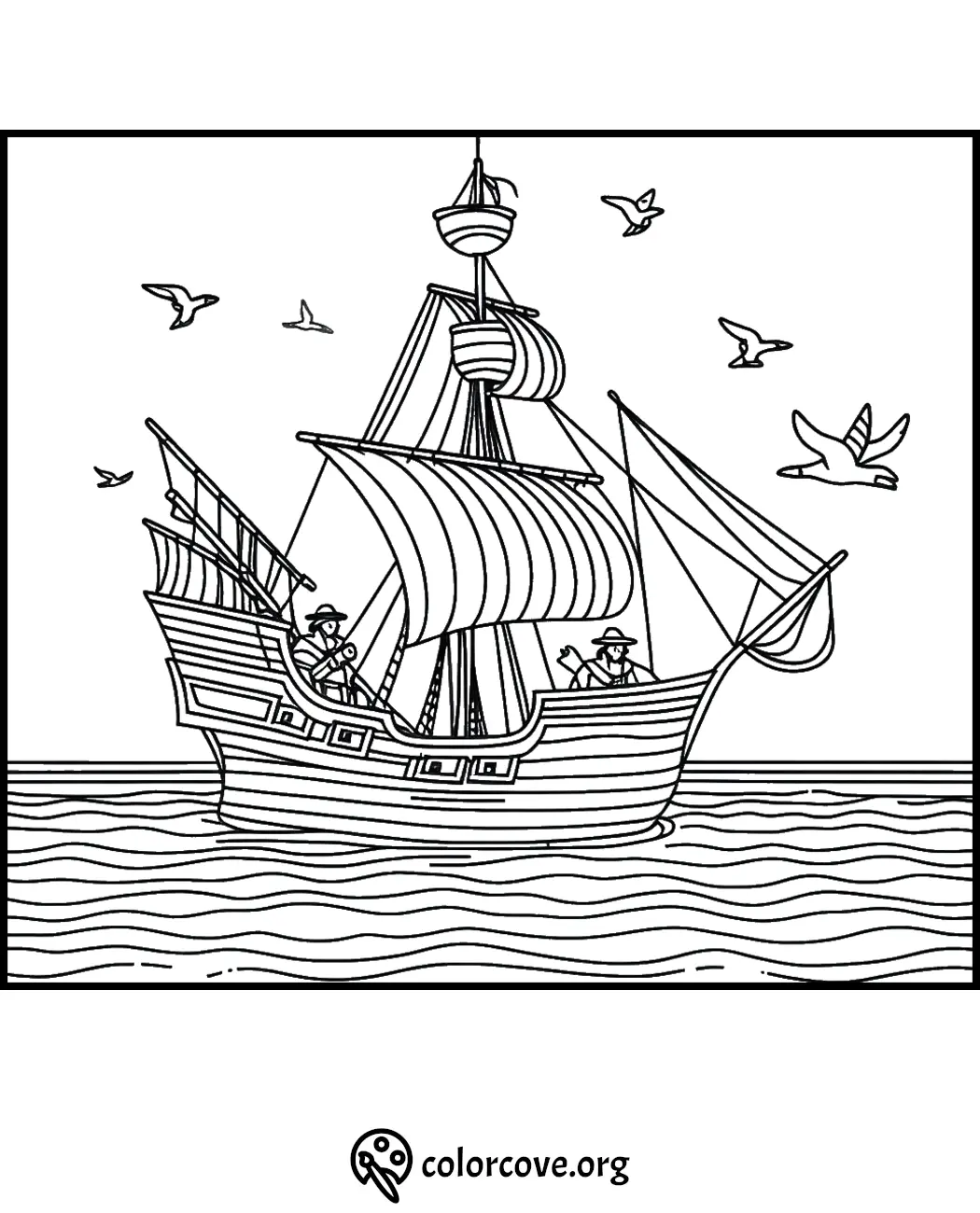 Coloring page of a sailing ship with seagulls flying above, perfect for kids' ocean and pirate-themed coloring activities.