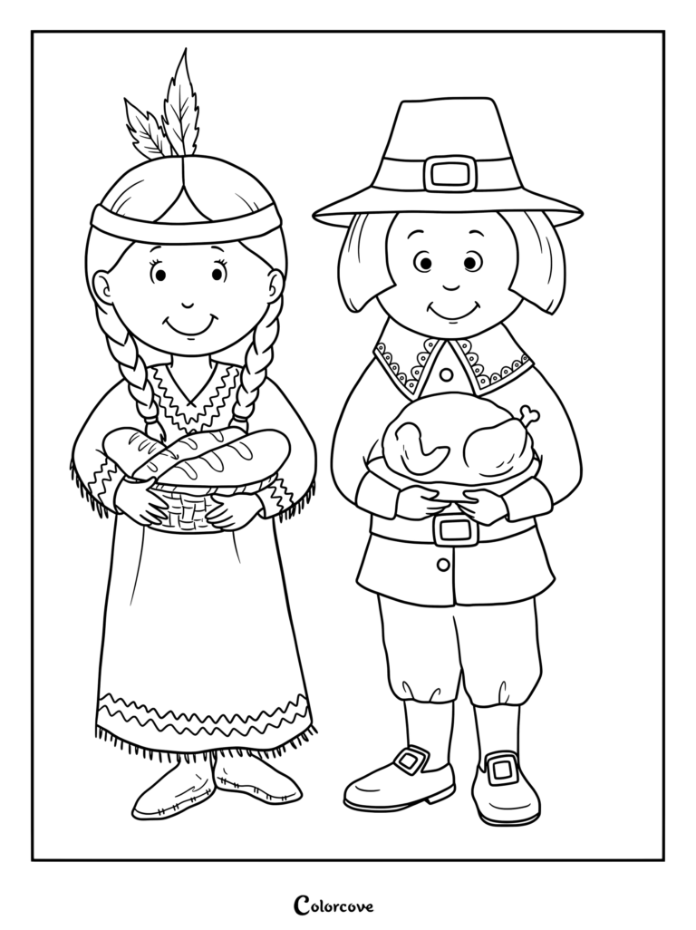 Thanksgiving coloring page featuring a Native American girl with bread and a Pilgrim boy with a turkey.