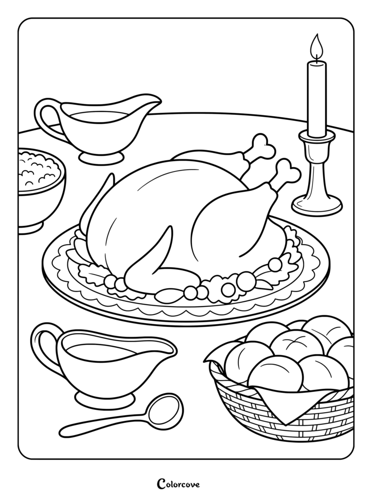 Thanksgiving coloring page featuring a roast turkey centerpiece, gravy boats, dinner rolls, and a lit candle on a table.
