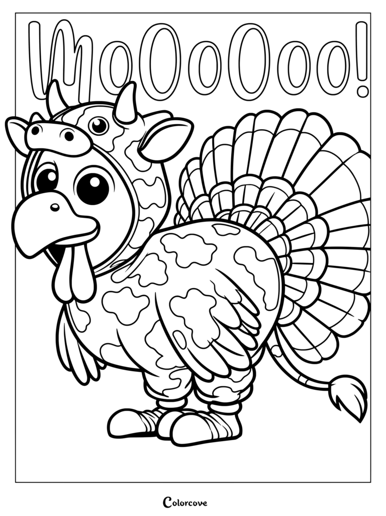 Turkey dressed in a cow costume saying moo for Thanksgiving coloring page