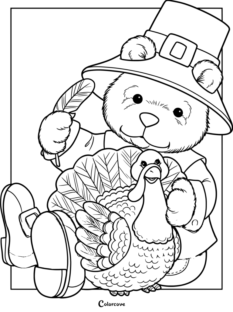 Bear in pilgrim hat holding turkey and feather coloring page