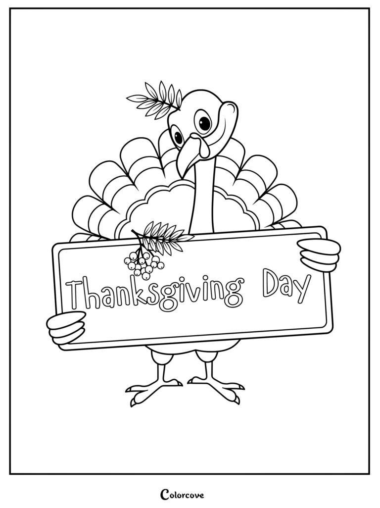 A friendly cartoon turkey wearing a leaf crown while holding a Thanksgiving Day sign for a coloring page.