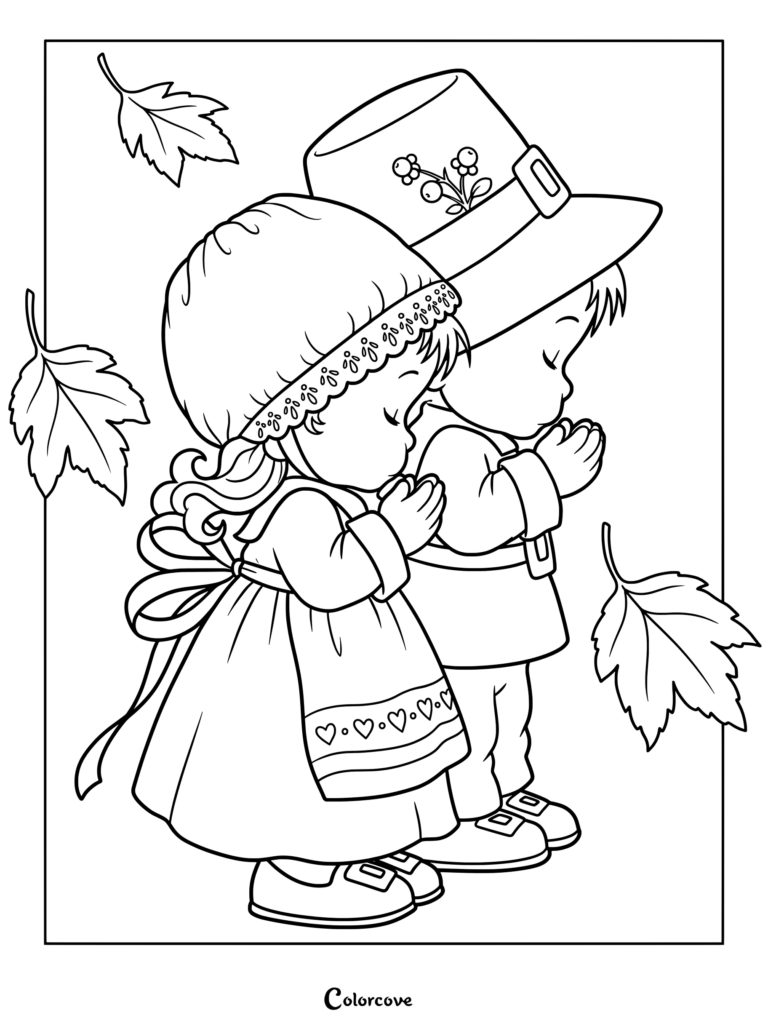Pilgrim children praying amidst falling autumn leaves in a Thanksgiving coloring page.