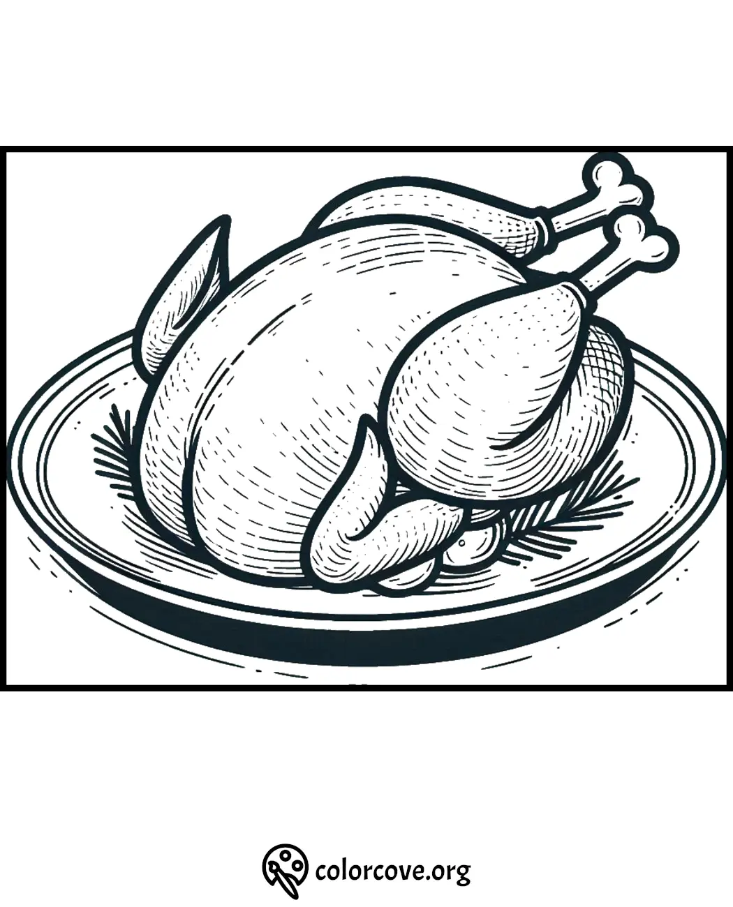 Coloring page of a whole roasted turkey on a plate, perfect for Thanksgiving coloring activities for kids and adults.