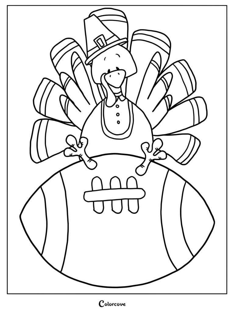 Turkey wearing a Pilgrim hat sitting on top of a large football for Thanksgiving coloring page