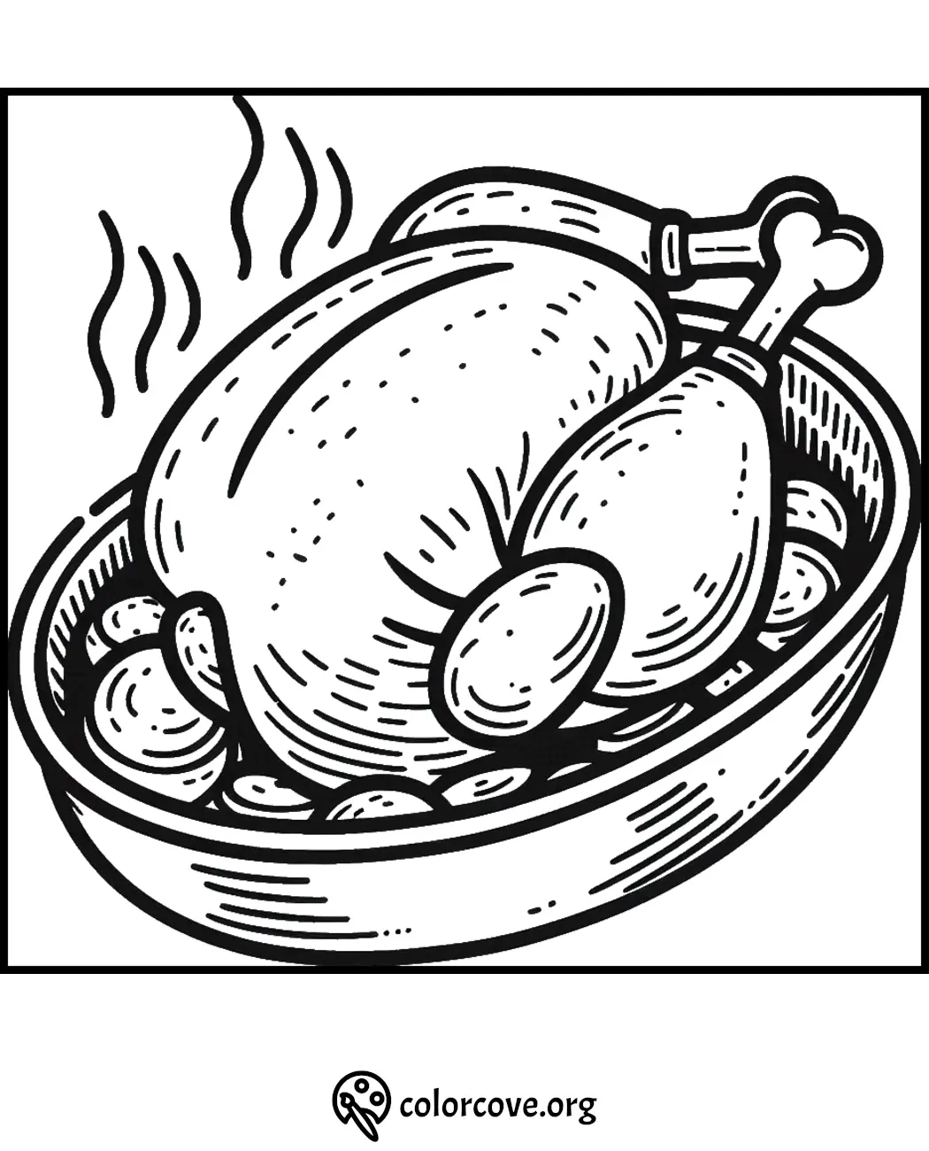 Printable Thanksgiving turkey coloring page with roasted turkey and potatoes in a dish, fun for kids and adults.