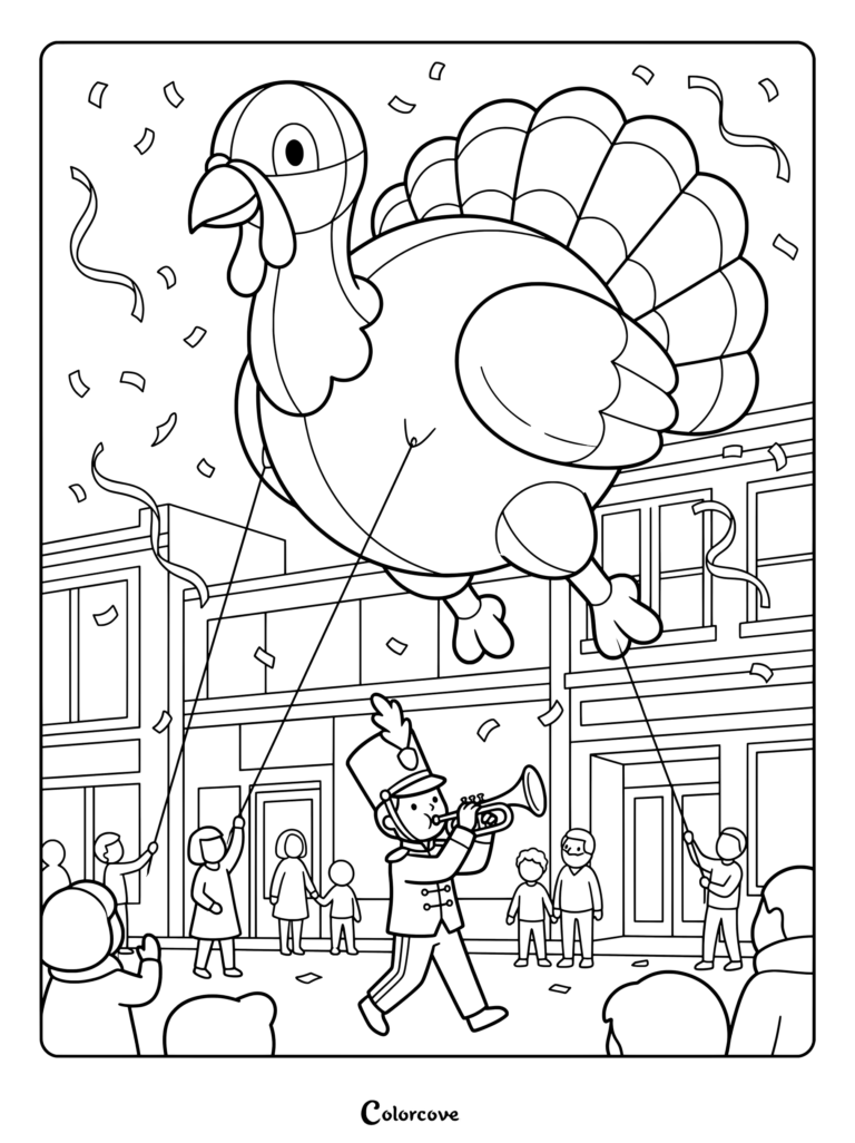 A giant turkey balloon flying over a city street parade in this Thanksgiving coloring page.