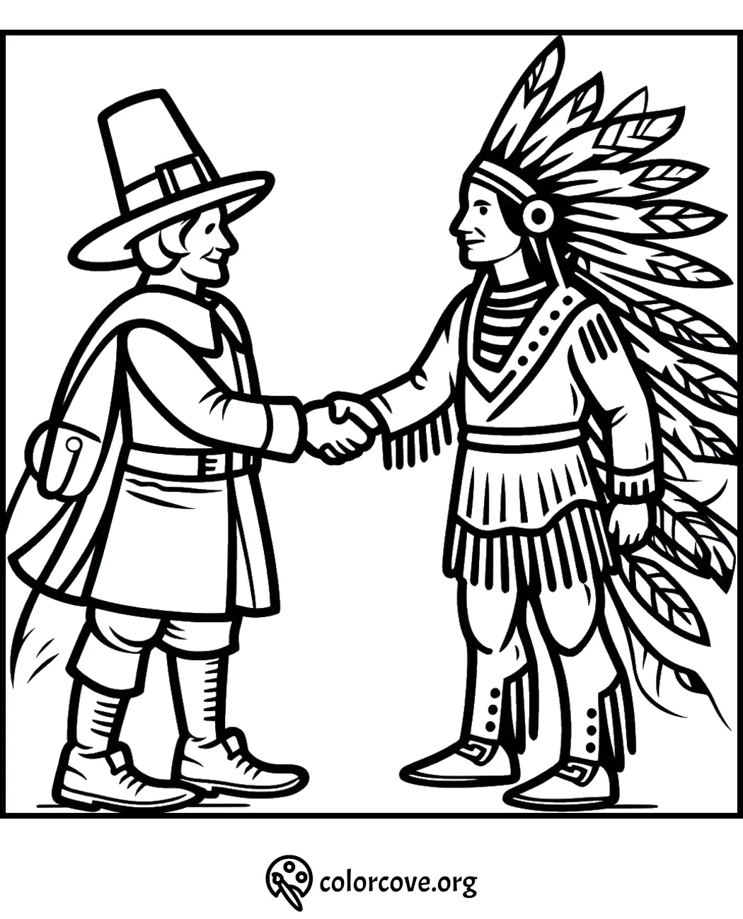 Pilgrim and Native American shaking hands coloring page, showcasing historical friendship and cultural exchange.