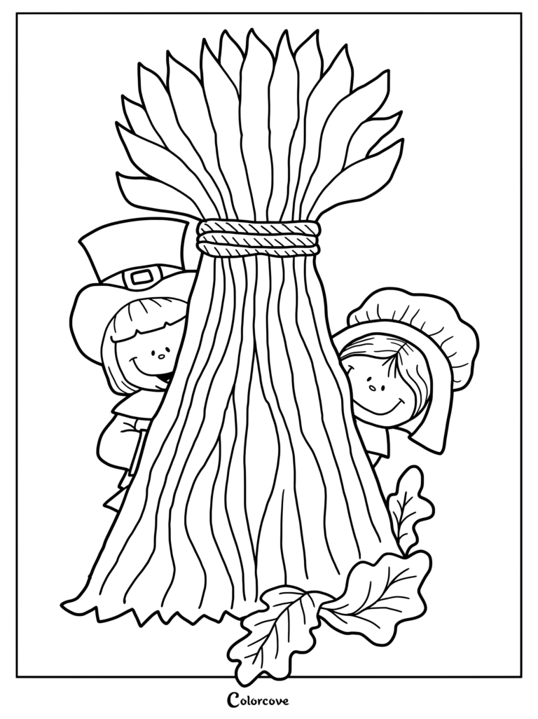 Two smiling pilgrim children peeking out from behind a large wheat sheaf in this Thanksgiving coloring page.