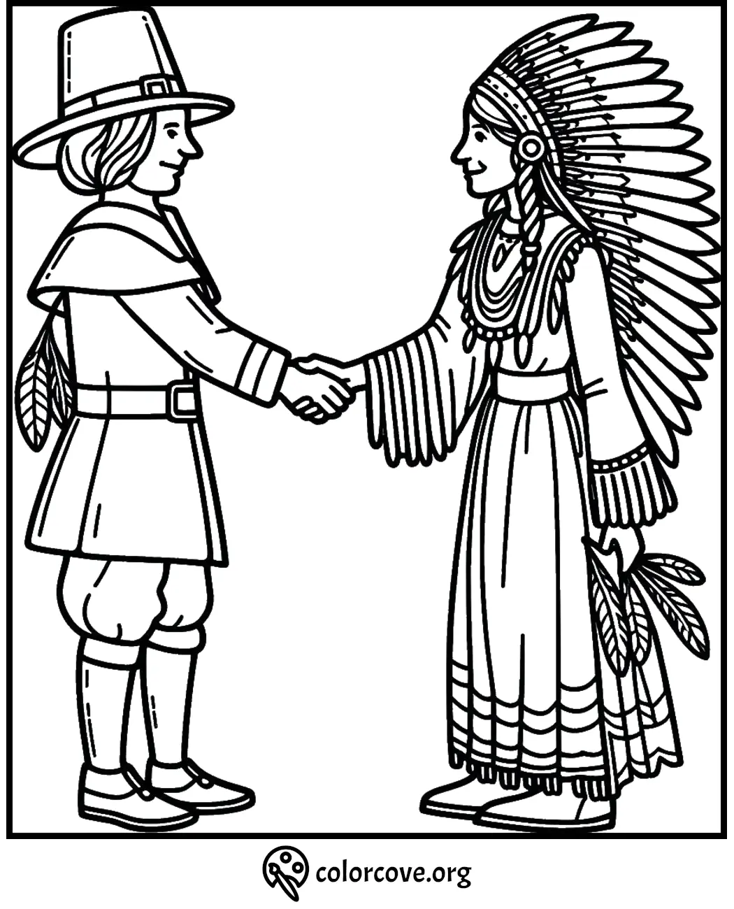 Coloring page of a Pilgrim and Native American Indian shaking hands, representing Thanksgiving tradition.