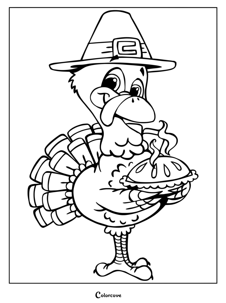 A friendly pilgrim turkey wearing a buckled hat and holding a steaming pie, ready for Thanksgiving coloring page.