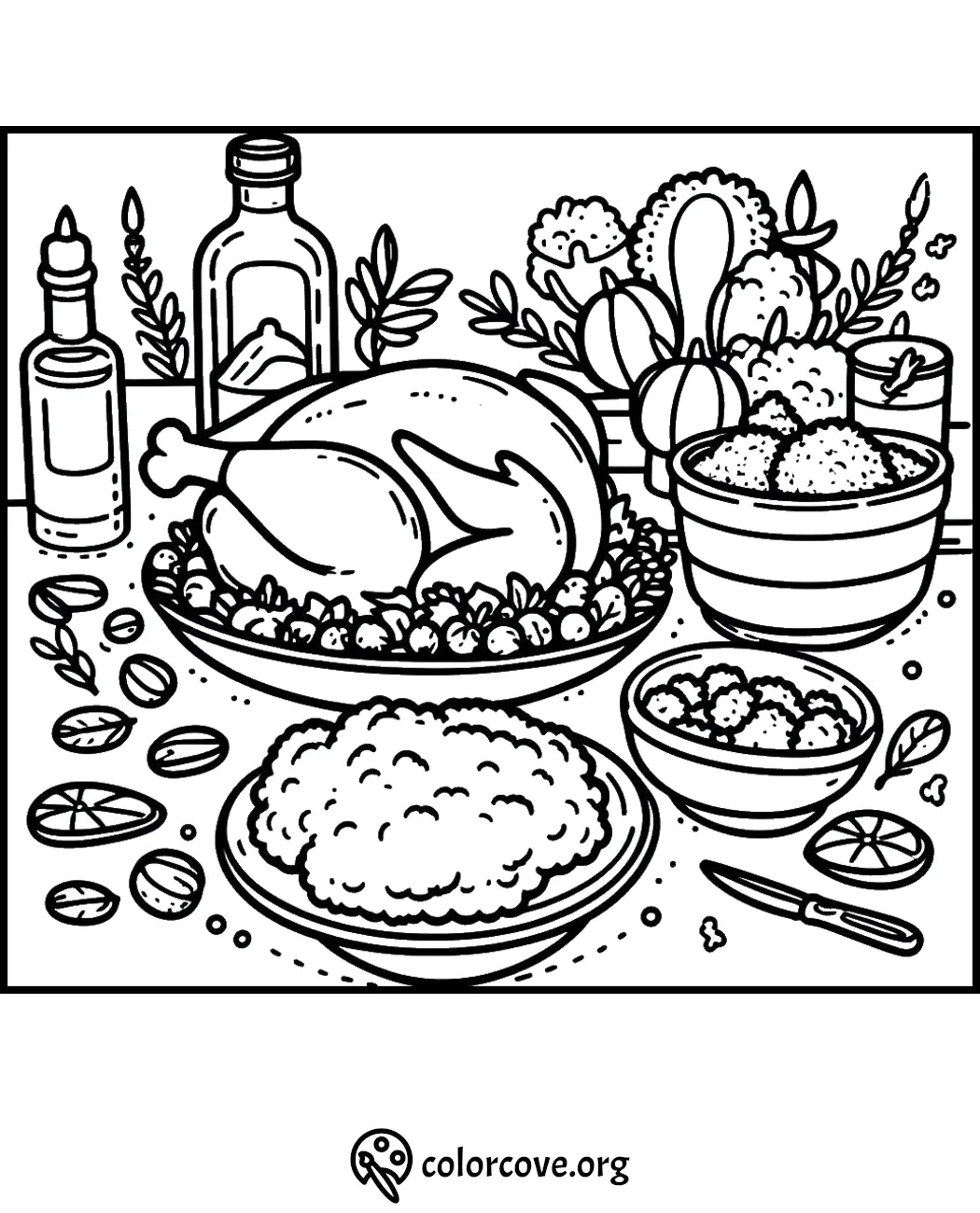 Thanksgiving dinner coloring page with turkey, mashed potatoes, bowls of veggies, and various condiments on a table.