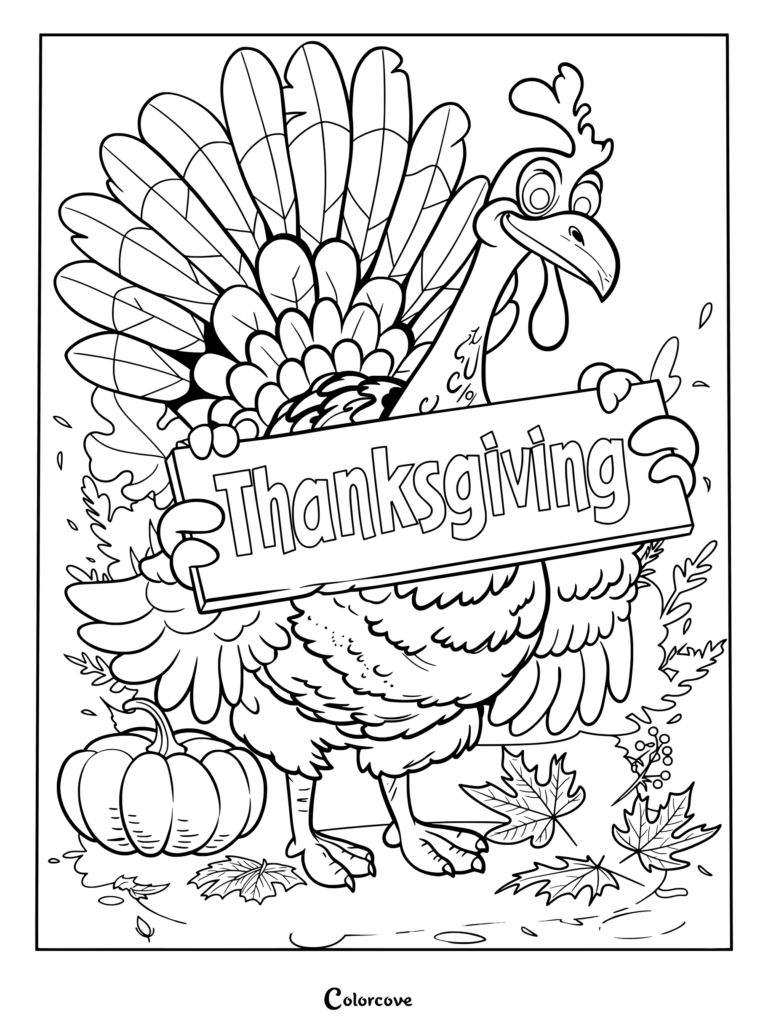 A friendly cartoon turkey holding a sign in a Thanksgiving coloring page.