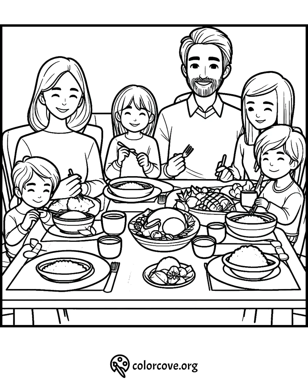 Happy family enjoying a meal together, coloring page for kids from colorcove.org. Ideal for family and food-related activities.