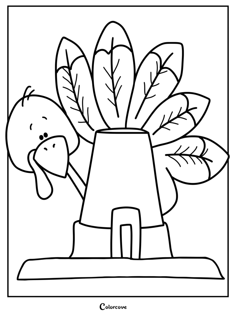 A cute cartoon turkey peeking from behind a pilgrim hat Thanksgiving coloring page.