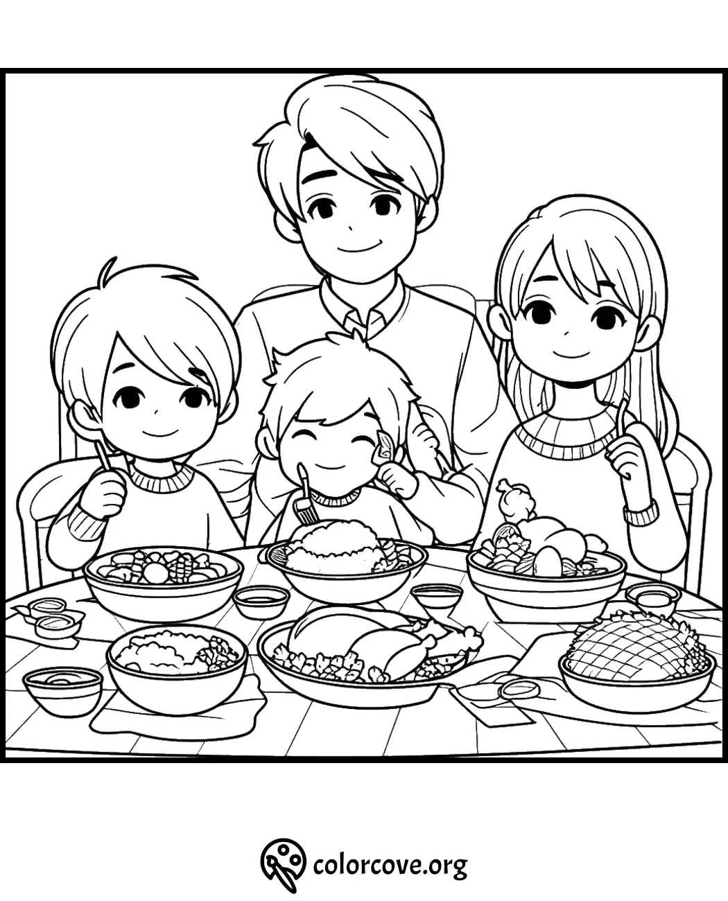 Family loving moments. Restaurant hangout during festive dinner. Fun-filled activities for kids this holiday season. Coloring page.