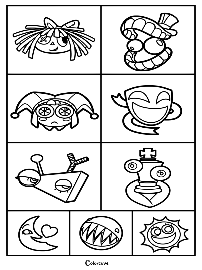 A printable coloring page featuring a character poster of Ragatha, Caine, Pomni, Gangle, Jax, Kinger, Moon, Gloink, and Sun from The Amazing Digital Circus.