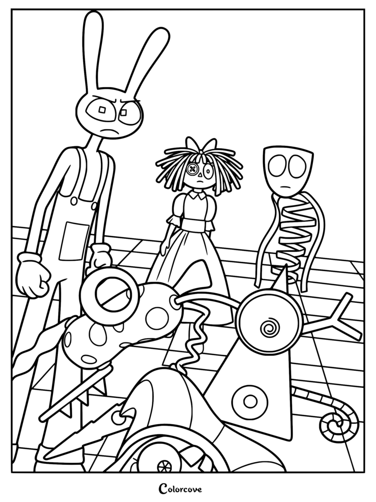 Jax, Ragatha, and Gangle from The Amazing Digital Circus standing over colorful abstract robotic parts in this printable coloring page.