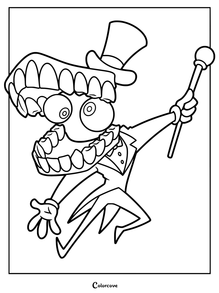 Caine from The Amazing Digital Circus wearing a top hat and holding a cane in a high-energy pose, printable line art coloring page.